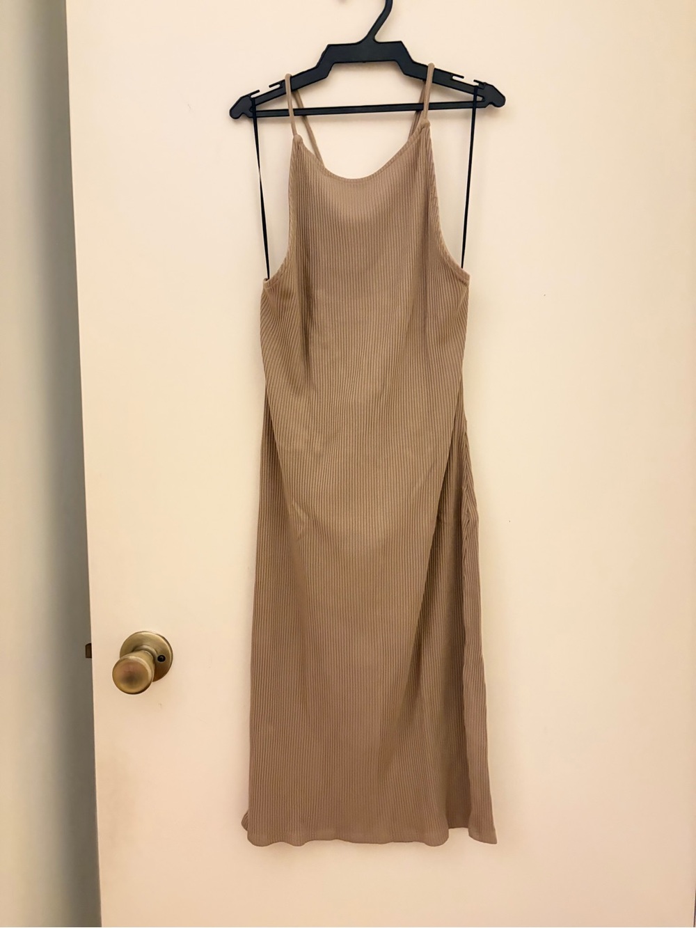 H&M Beige Ribbed Slip Midi Dress with Spaghetti Straps